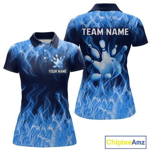 Custom Blue Flame Bowling Jersey for Women Polo & 1/4 Zip Bowling Team Shirts Bowling League HNT150