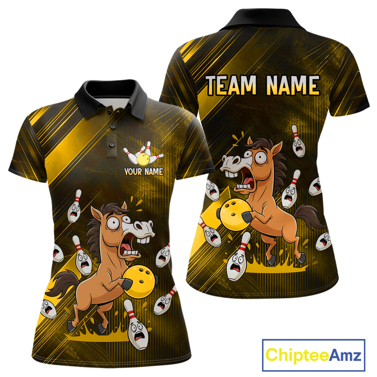 Custom Yellow Funny Horse Bowling Jersey for Women Bowling Team Shirts Bowling Tournament HNT184