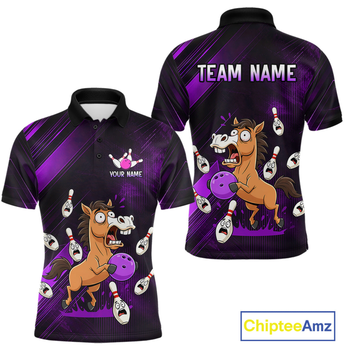 Custom Purple Funny Horse Bowling Jersey for Men Bowling Team Shirts Bowling Tournament HNT184