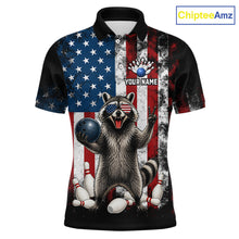 Load image into Gallery viewer, Custom us flag raccoon bowling jersey for men, personalized team bowling polo shirt front view