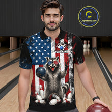 Load image into Gallery viewer, Men’s us flag raccoon bowling polo shirt, front view on male model in bowling lane 