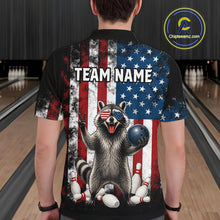 Load image into Gallery viewer, Men’s us flag raccoon bowling polo shirt, back view on male model in bowling lane 