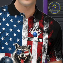 Load image into Gallery viewer, Men’s us flag raccoon bowling polo shirt with custom name, angled front view showing custom team design 
