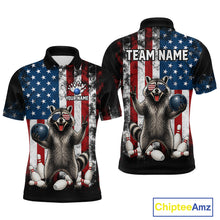 Load image into Gallery viewer, Custom us flag raccoon bowling jersey for men, personalized team bowling polo shirt front view and back view
