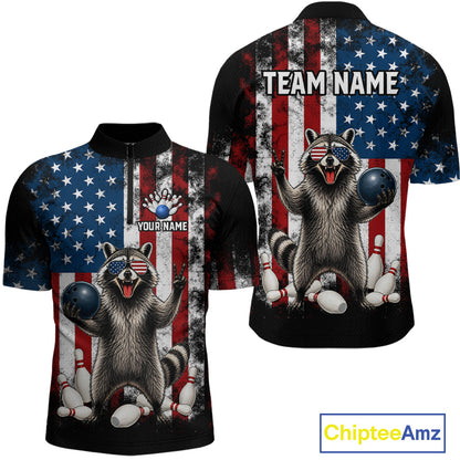 Custom us flag raccoon bowling jersey for men, personalized team bowling quarter zip shirt front view and back view
