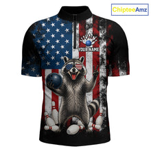 Load image into Gallery viewer, Custom us flag raccoon bowling jersey for men, personalized team bowling quarter zip shirt front view