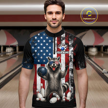Load image into Gallery viewer, Men’s us flag raccoon bowling quarter zip shirt, front view on male model in bowling lane 