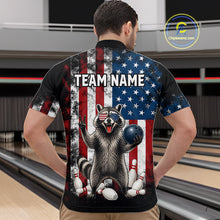 Load image into Gallery viewer, Men’s us flag raccoon bowling quarter zip shirt, back view on male model in bowling lane 