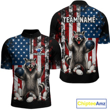 Load image into Gallery viewer, Custom us flag raccoon bowling jersey for men, personalized team bowling quarter zip shirt front view and back view