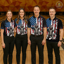 Load image into Gallery viewer, Group of bowlers in us flag raccoon team shirts, personalized bowling uniforms front view.
