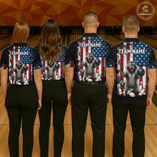 Load image into Gallery viewer, Group of bowlers in us flag raccoon team shirts, personalized bowling uniforms back view.