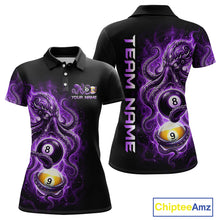 Load image into Gallery viewer, Black polo shirt with purple and yellow design featuring billiard balls, 'Team Name' text, and Chiptee Amz branding.