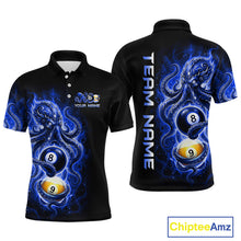 Load image into Gallery viewer, Black polo shirt with blue and white design featuring pool balls, 'Team Name' text on the back, and 'Chiptee Amz' branding.