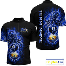 Load image into Gallery viewer, Black shirt with blue and white design featuring pool balls and 'Team Name' text, Chiptee Amz brand visible.
