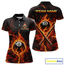 Load image into Gallery viewer, Polo shirt with flaming 8-ball design on a black background, featuring 'Chiptee Amz' branding.