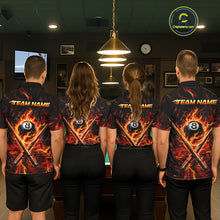 Load image into Gallery viewer, Four people wearing matching shirts with a pool ball and cue design in a pool hall.
