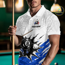 Load image into Gallery viewer, Man holding a pool cue wearing a white polo shirt with a pool-themed design and 'Your Name' text.