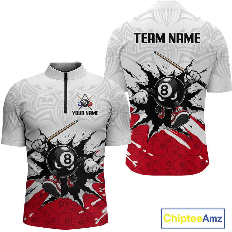 Two views of a sports jersey with billiards design and customizable text, featuring the brand 'Chiptee Amz'.