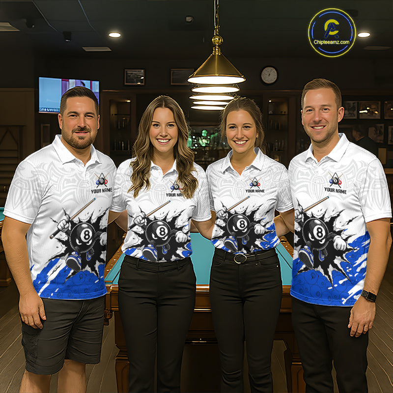 Four people wearing matching billiard shirts in a billiard alley.