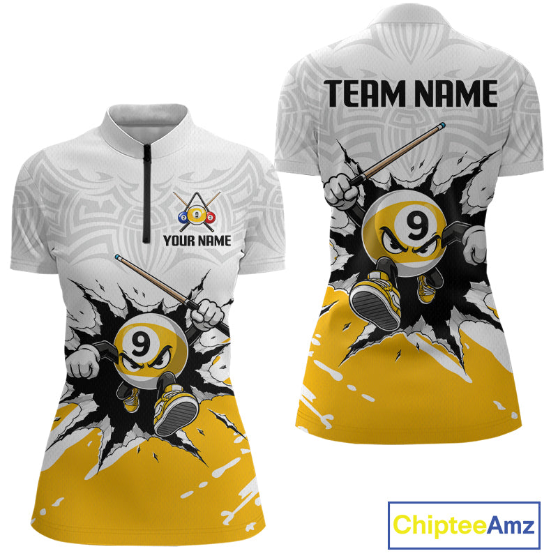 Two views of a sports jersey with billiard ball design and customizable text, featuring the brand 'Chiptee Amz'.