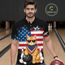 Load image into Gallery viewer, Men’s us flag cat bowling polo shirt, front view on male model in bowling lane 