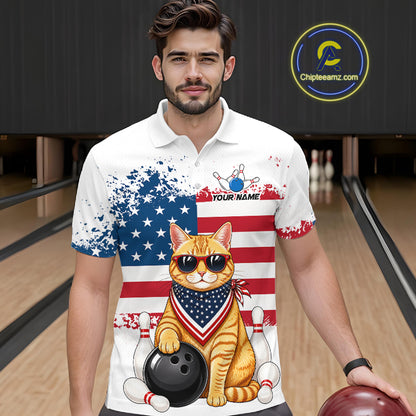 Men’s us flag cat bowling polo shirt, front view on male model in bowling lane 