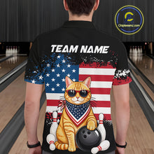 Load image into Gallery viewer, Men’s us flag cat bowling polo shirt, back view on male model in bowling lane 