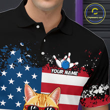 Load image into Gallery viewer, Men’s us flag cat bowling polo shirt with custom name, angled front view showing custom team design 
