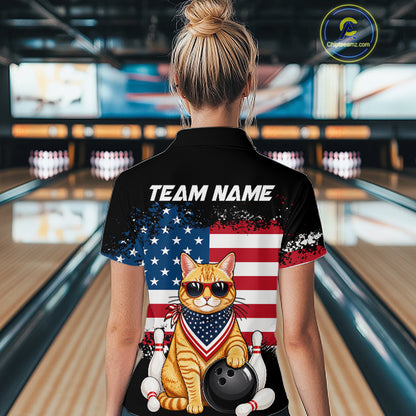 Women’s us flag cat bowling polo shirt, back view on female model in bowling lane 