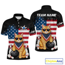 Load image into Gallery viewer, Custom us flag cat bowling jersey for men, personalized team bowling polo shirt front view and back view