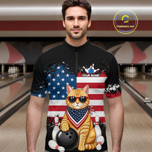 Load image into Gallery viewer, Men’s us flag cat bowling quarter zip shirt, front view on male model in bowling lane 