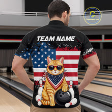 Load image into Gallery viewer, Men’s us flag cat bowling quarter zip shirt, back view on male model in bowling lane 