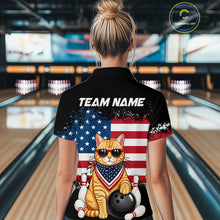 Load image into Gallery viewer, Women’s us flag cat bowling quarter zip shirt, back view on female model in bowling lane 