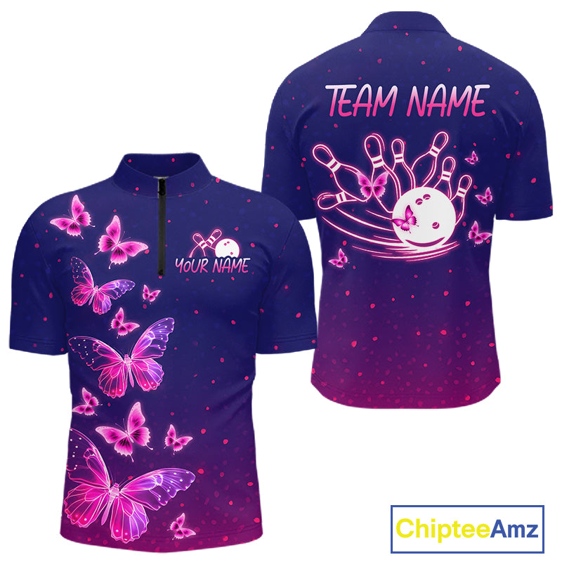 Custom Purple Galaxy Butterflies Bowling Team Shirts Bowling Jersey for Men Bowling League HNT467