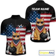 Load image into Gallery viewer, Custom us flag cat bowling jersey for men, personalized team bowling quarter zip shirt front view and back view