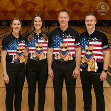 Load image into Gallery viewer, Group of bowlers in us flag cat team shirts, personalized bowling uniforms front view.