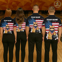 Load image into Gallery viewer, Group of bowlers in us flag cat team shirts, personalized bowling uniforms back view.