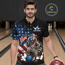 Load image into Gallery viewer, Men’s us flag raccoon bowling polo shirt, front view on male model in bowling lane 