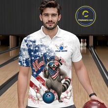 Load image into Gallery viewer, Men’s us flag raccoon bowling polo shirt, front view on male model in bowling lane 