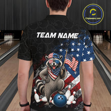 Load image into Gallery viewer, Men’s us flag raccoon bowling polo shirt, back view on male model in bowling lane 