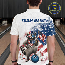 Load image into Gallery viewer, Men’s us flag raccoon bowling polo shirt, back view on male model in bowling lane 