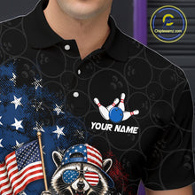 Load image into Gallery viewer, Men’s us flag raccoon bowling polo shirt with custom name, angled front view showing custom team design 
