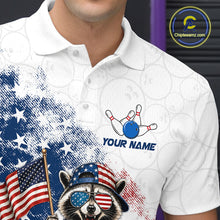 Load image into Gallery viewer, Men’s us flag raccoon bowling polo shirt with custom name, angled front view showing custom team design 
