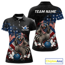 Load image into Gallery viewer, Custom us flag raccoon bowling jersey for women, personalized team bowling polo shirt front view and back view