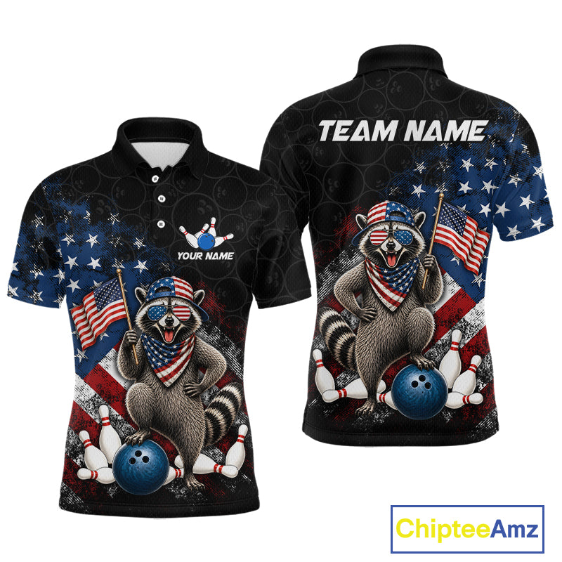 Custom us flag raccoon bowling jersey for men, personalized team bowling polo shirt front view and back view