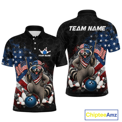 Custom us flag raccoon bowling jersey for men, personalized team bowling polo shirt front view and back view