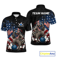 Load image into Gallery viewer, Custom us flag raccoon bowling jersey for men, personalized team bowling polo shirt front view and back view