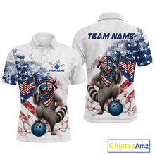 Load image into Gallery viewer, Custom us flag raccoon bowling jersey for men, personalized team bowling polo shirt front view and back view