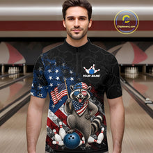 Load image into Gallery viewer, Men’s us flag raccoon bowling quarter zip shirt, front view on male model in bowling lane 
