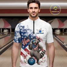 Load image into Gallery viewer, Men’s us flag raccoon bowling quarter zip shirt, front view on male model in bowling lane 